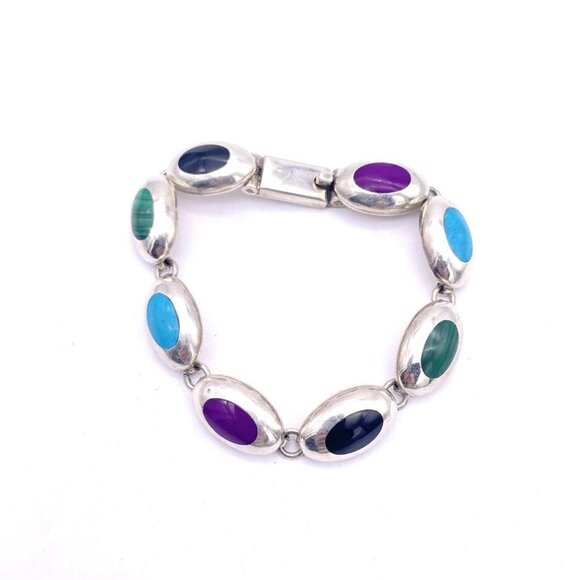 Vintage Taxco Mexico 925 Sterling Silver Bracelet Oval Multi-Gemstone - Picture 1 of 8